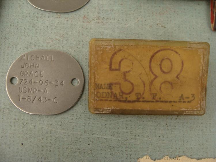 WWII PERSONAL LOT NAVY INSIGNIA MATCHBOOKS DOG TAGS