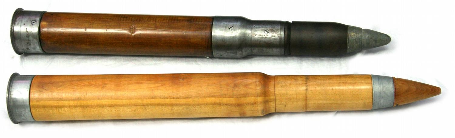 TWO WOODEN ARTILLERY TRAINING SHELLS