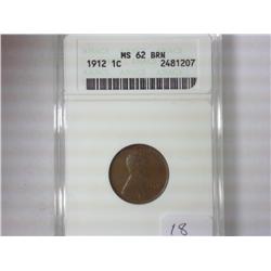 1912 LINCOLN CENT ANACS MS62 BRN