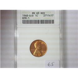 1968-D/D LINCOLN CENT ANACS MS63 RED RPM-1