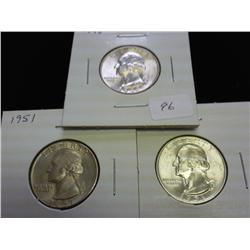 1948, 51 & 51-D WASHINGTON SILVER QUARTERS (UNC)