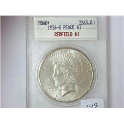 1926-S PEACE SILVER $ BLANCHARD MS60+ REDFIELD