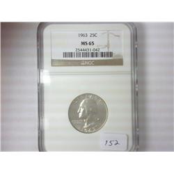 1963 WASHINGTON SILVER QUARTER NGC MS65