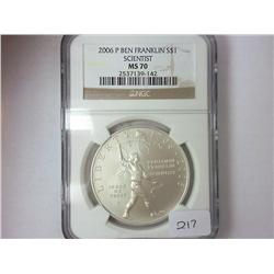 2006-P FRANKLIN "SCIENTIST" SILVER DOLLAR NGC MS70