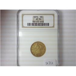 1870 $5 US GOLD HALF EAGLE NGC (VF30)