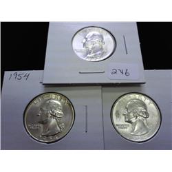 1952-D & 2-1954 WASHINGTON SILVER QUARTERS (UNC)