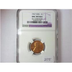 1967 SMS LINCOLN CENT NGC UNC DETAILS