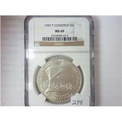 1987-P CONSTITUTION SILVER DOLLAR NGC MS69