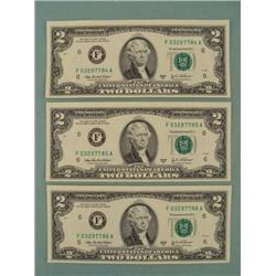 3 Consec # CU 2003 A $2 Bills Notes F Mint Atlanta