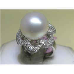 14K White Gold Pearl Diamond Ring Size 7