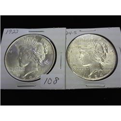 1922 (UNC) & 24-S PEACE SILVER DOLLARS (AU)