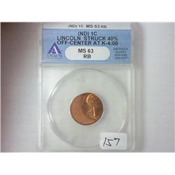 ERROR OFF CENTER LINCOLN CENT ANACS MS63RB