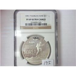 1991-P KOREAN WAR SILVER DOLLAR NGC PF69 ULTRA CAM
