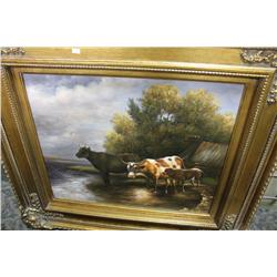 ORNAMENTLY FRAMED PAINTING COW FAMILY