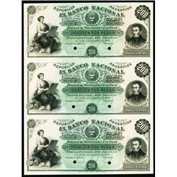 Banco Nacional, 1881 Issue Uncut Specimen Sheet of 3.