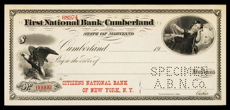 First National Bank of Cumberland, Specimen Check.