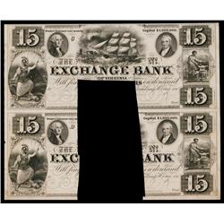 Exchange Bank of Virginia $15 Denomination, ca.1830's Obsolete Proof.