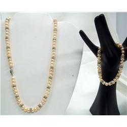 Pale Peach Pearl Necklace and Bracelet Set