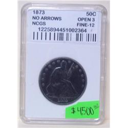 1873 NO ARROWS OPEN 3 Seated Liberty Half Dollar