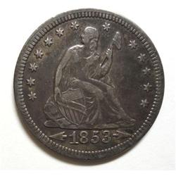 1853 ar/rays Seated quarter  original undipped XF