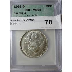 1936D Arkansas half $ ICG65 Toning streak obv