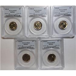 5 1938D Buffalo nickels PCGS65