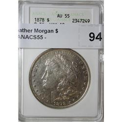 1878 8 feather Morgan $ VAM18  ANACS55