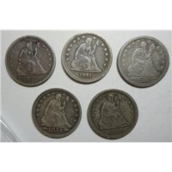 Lot of 5  Seated quarters  original undipped VF;53 A/RY-54 ARR-56-76-91