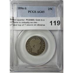 1896S Barber quarter  PCGS03. Coin is a full good.There is virtually no rim