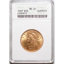 1907 $10 Liberty Gold ANACS61 graded right