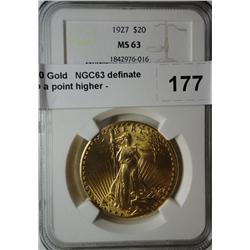 1927 $20 Gold   NGC63 definate claim to a point higher