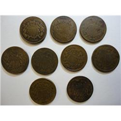 2 cent lot--3 1864 2 G 1 F--2 1865  F/VF--1868 G--2 1870 G--1871 G but no rev