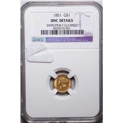 1851 $1 gold NGC UNC details cleaned
