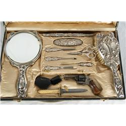 Unusual Boudoir Set w/ Pinfire revolver, knife snuff bottle and Art Nouveau Sterling dresser set.