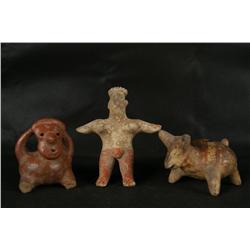 3 Pre Columbian Artifacts - polychrome dog whistle and two figures.  From the Robert Owen Browne Mus