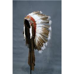 Outstanding Native American Beaded Headdress with turkey vulture feathers beadwork and leather.  38"