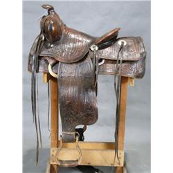 Vintage Keystone Bros. Pictoral Saddle ca 1940 Kestone Bros. San Franscisco, Ca with saguaro, barrel