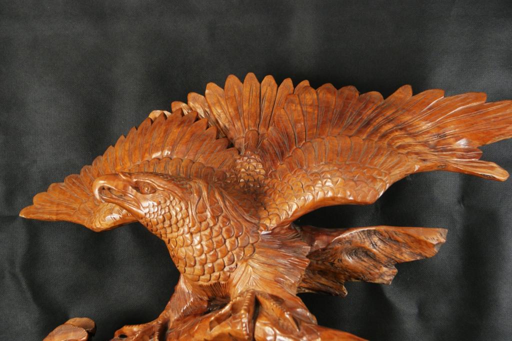 Oriental hand carved wood eagle sculpture
