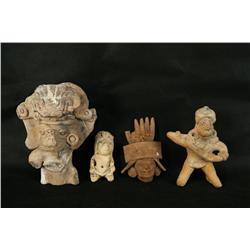 4 Pre Columbian figural sculptures (B-181) 6.75" figural cup,  5" Face with hand headdress, (B163) 5