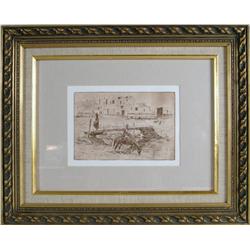 Borein etching "Wooden Bridge at Taos" unsigned