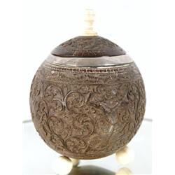 Carved coconut humidor w silver & ivory