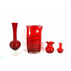 Ruby & clear applied handles vase, basket vase & 2 small vases - 4pcs
