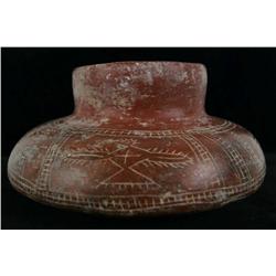 Colima red pot with etched Thunderbirds
