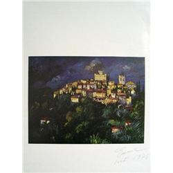 Signed Town on Hill Offset Lithograph