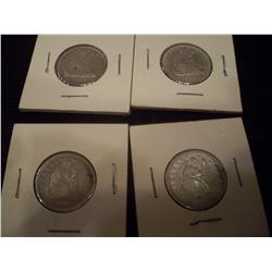 4 Rare Seated Liberty Silver Quarters All XF, 1857,1861,1859,1856