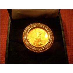 1995 $5 Pure Gold American Eagle Mens Ring W/1/2 Carat Diamonds in 10K Gold