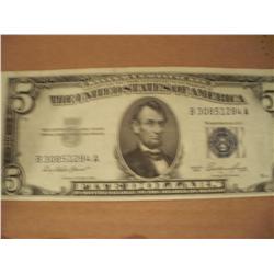 1953 $5 Blue Seal Silver Certificate, Great Condition