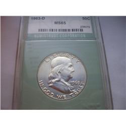 1963-D Silver Franklin Half Dollar, MS-65 NTC Graded