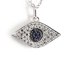 Genuine 0.24 Ctw White & Blue Diamond  Evil Eye Necklace 14K White Gold 16" 2.52G