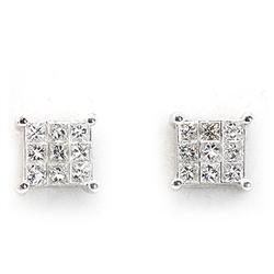 Genuine 0.4Ctw White Diamond Square Invisible Earring 14K White Gold 1.53G